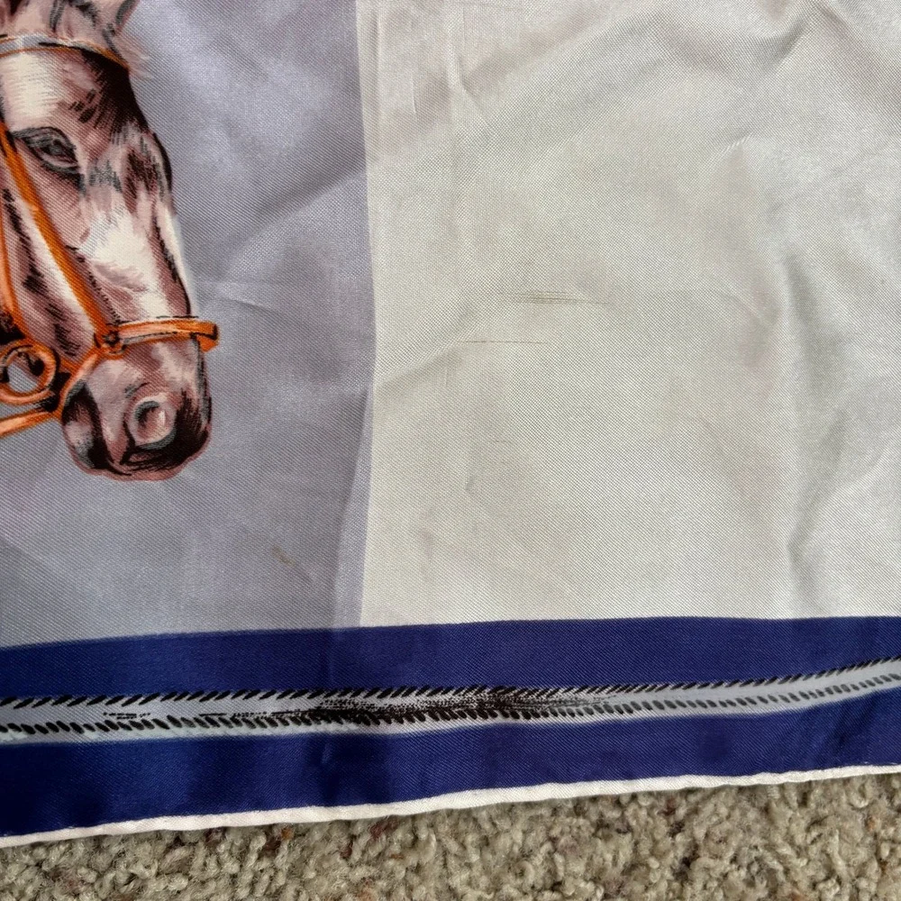 Vintage Horse Scarf Blue‎ White Plaid Equestrian Satin Square Neck Scarf Art SEE
